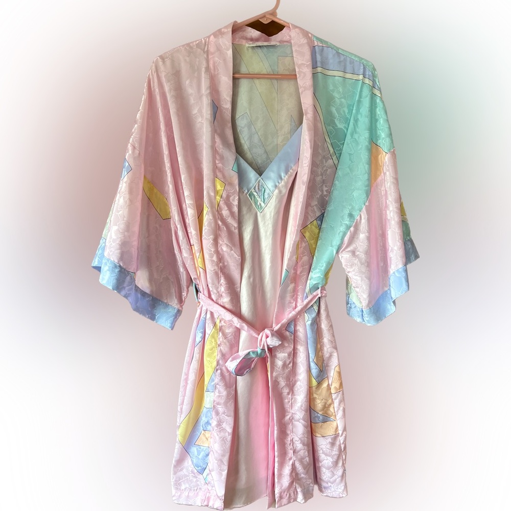 Val Mode lingerie, pale pink slip gown with spaghetti straps and matching robe.
